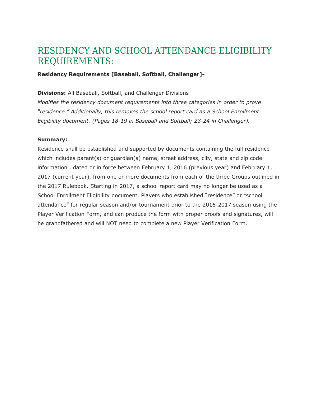 Residency Requirements Baseball, Softball, Challenger