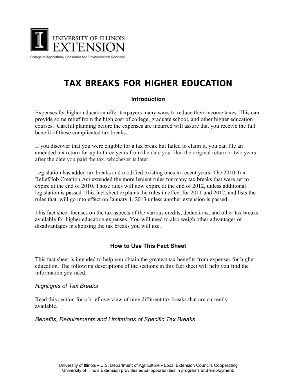 Tax Breaks for Higher Education