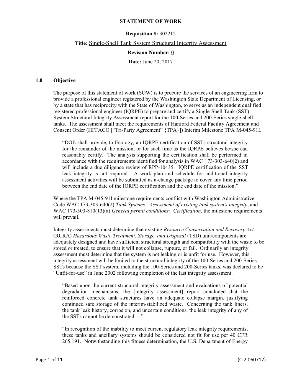 Title: Single-Shell Tank System Structural Integrity Assessment