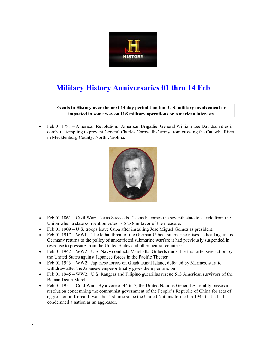 Military History Anniversaries 01 Thru 14 Feb