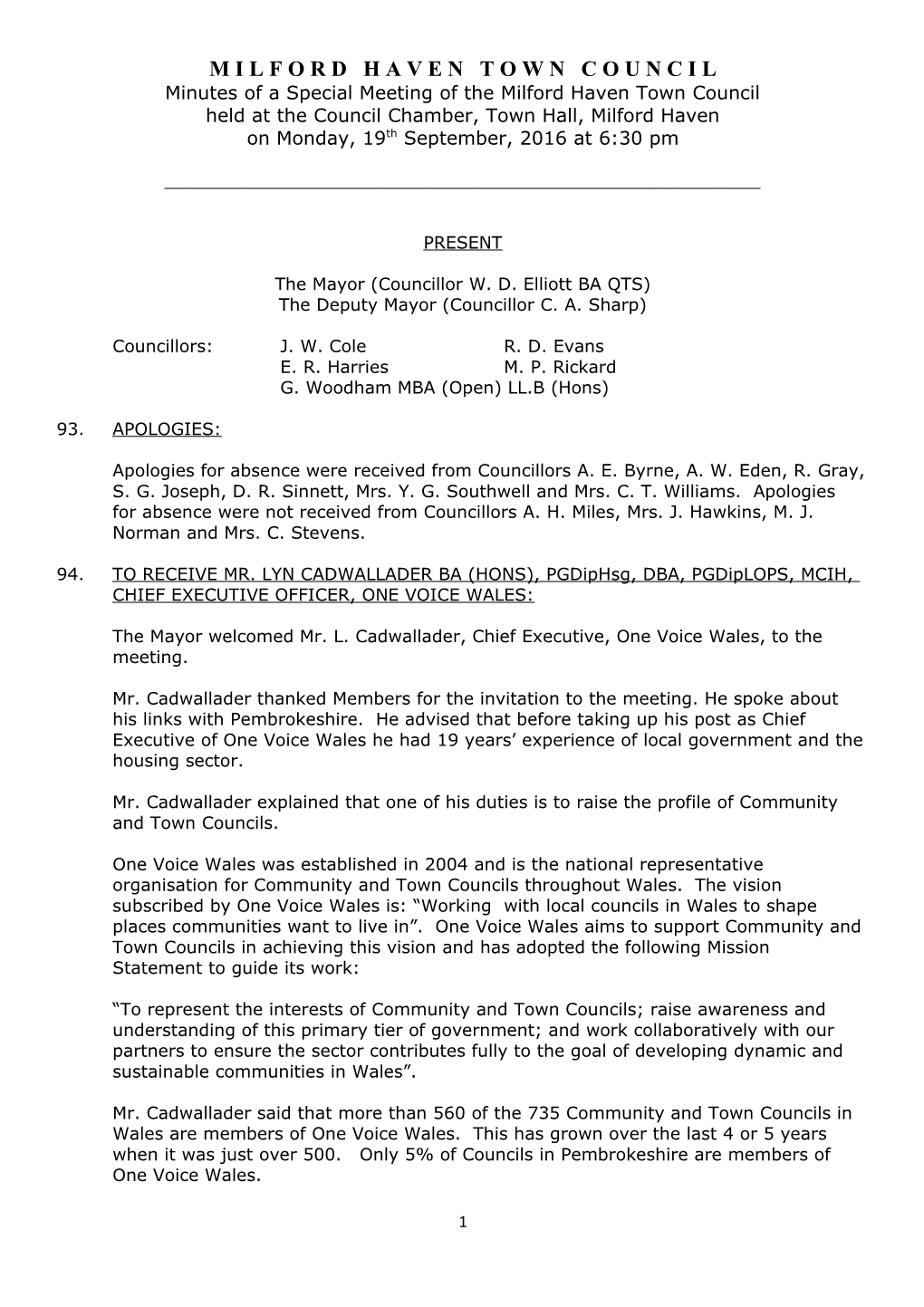 Minutes of a Special Meeting of the Milford Haven Town Council