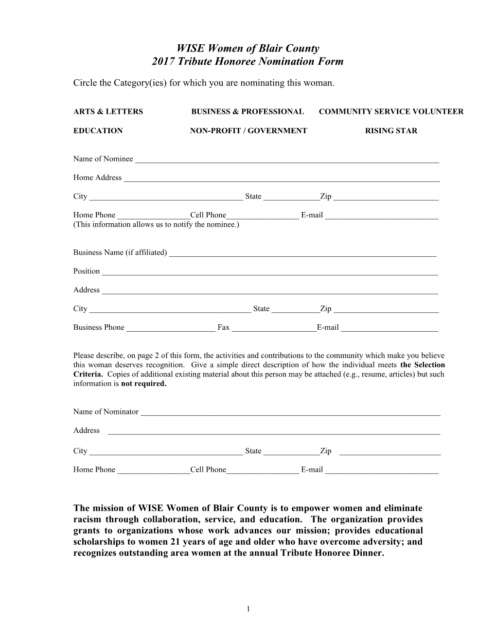 2008 Tribute Nomination Form