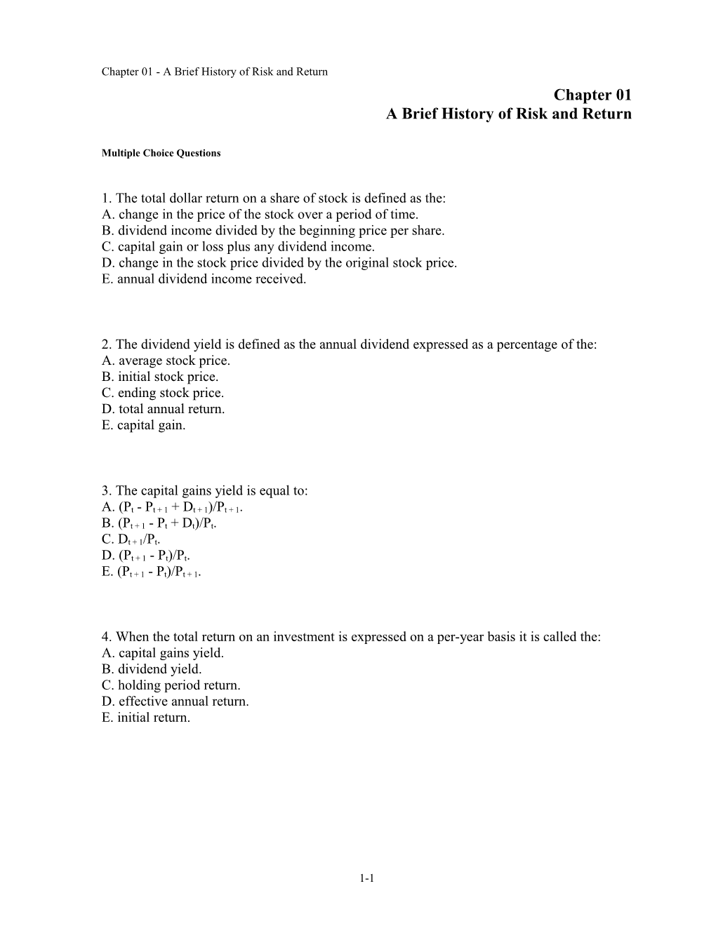 Chapter 01 a Brief History of Risk and Return