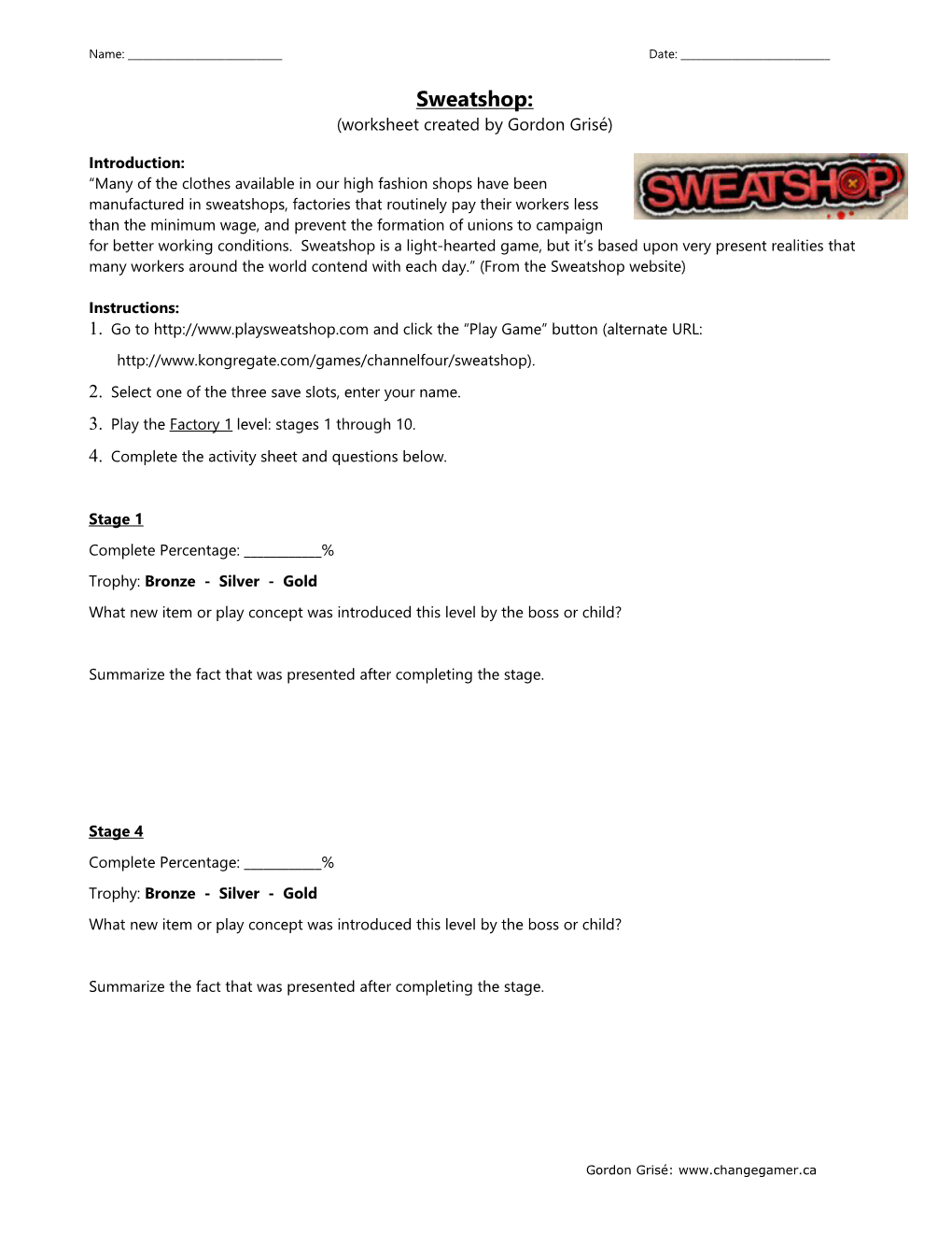 Sweatshop: (Worksheet Created by Gordon Grisé)