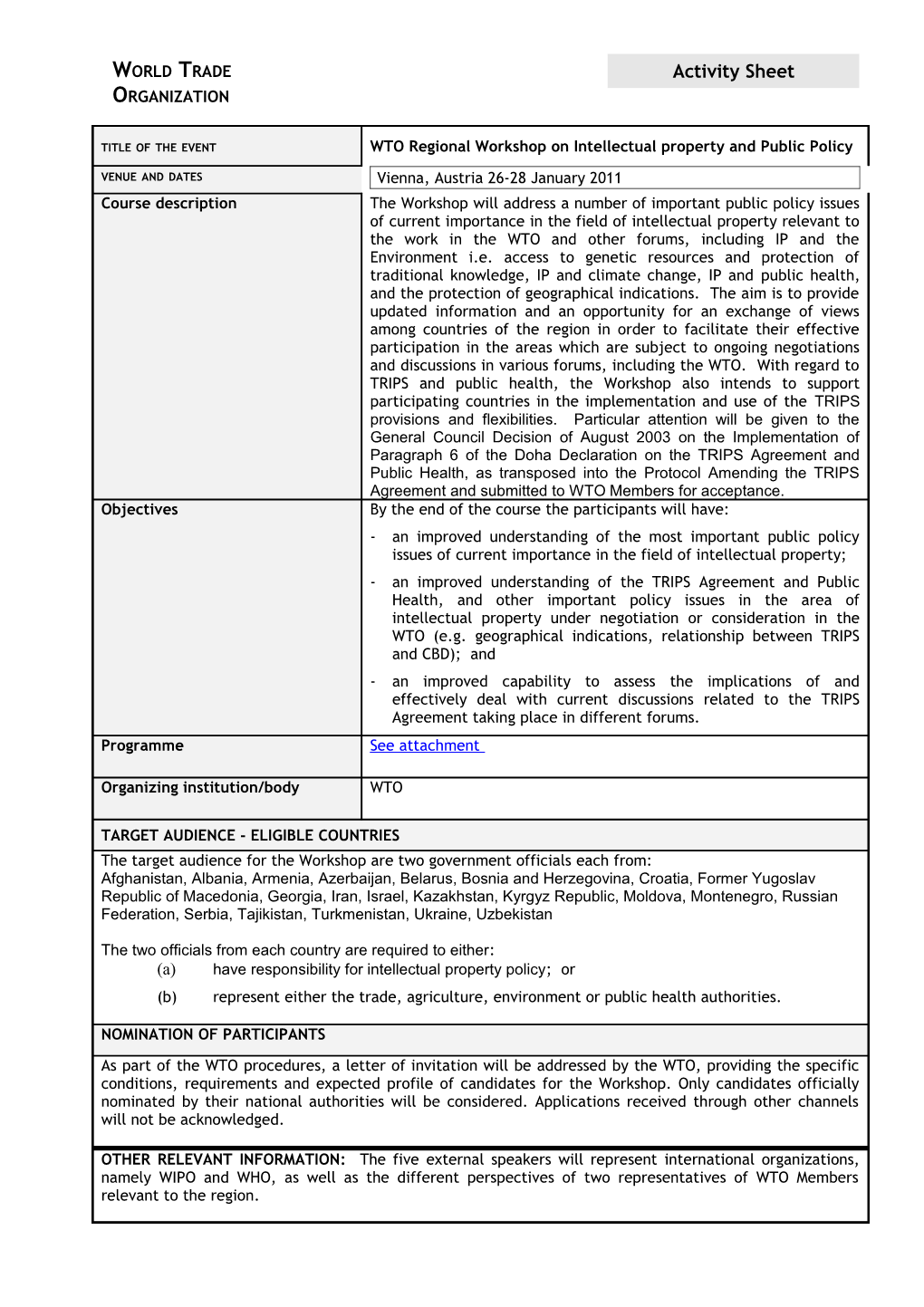 WTO REGIONAL WORKSHOP for Central and Eastern European and Central Asian Countries