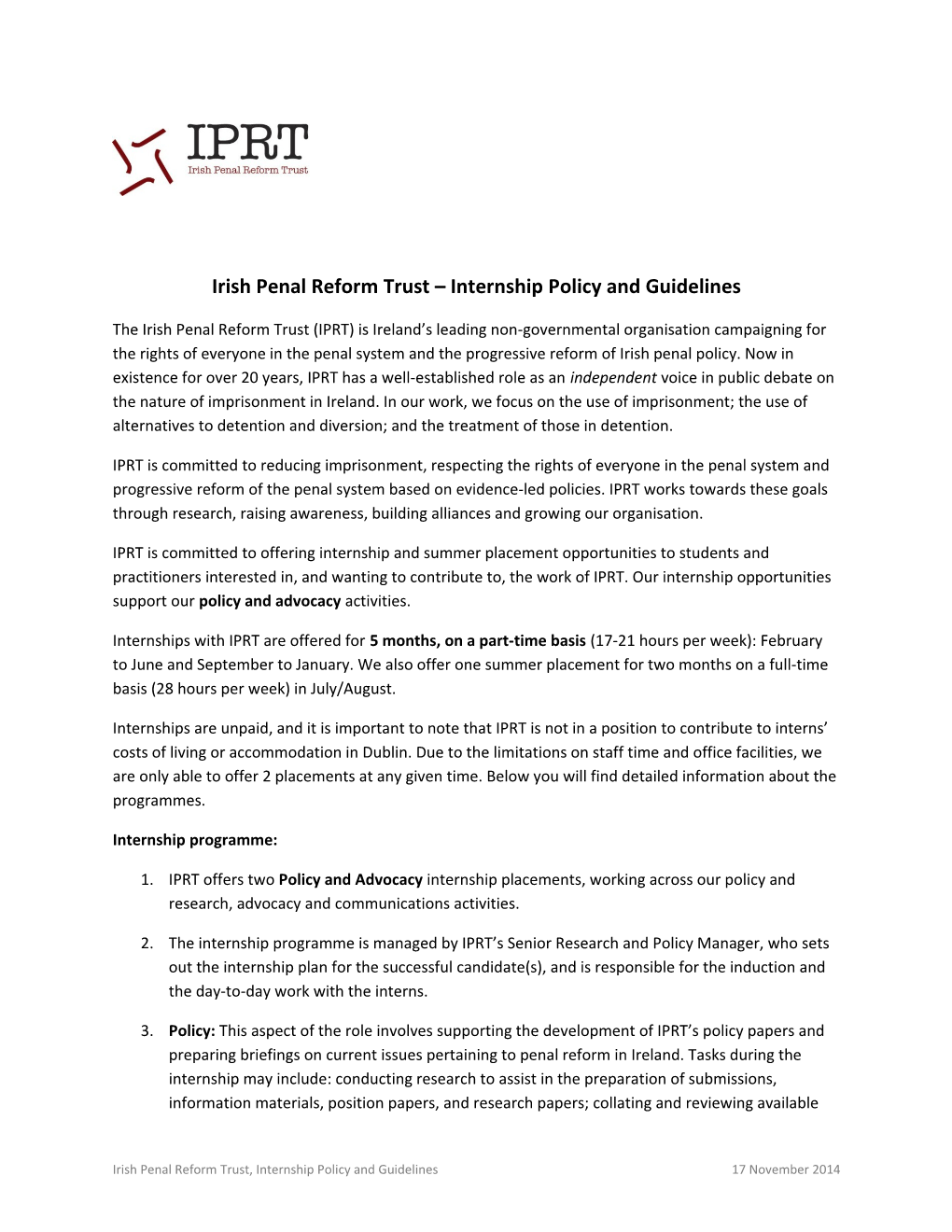 Internship Policy - IPRT