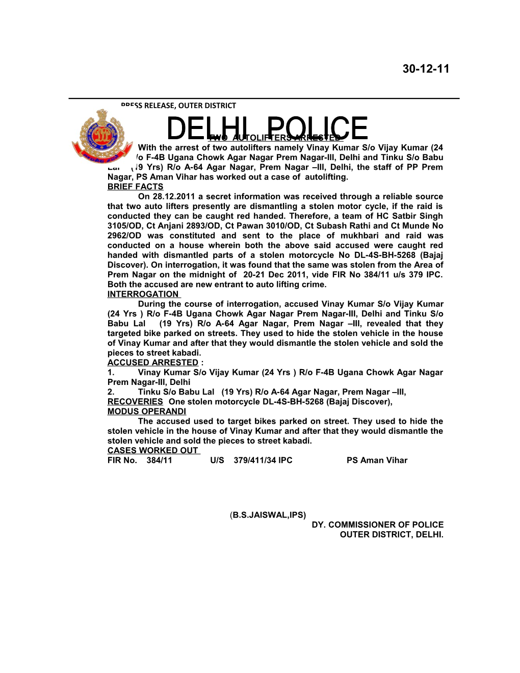Press Release, Outer District