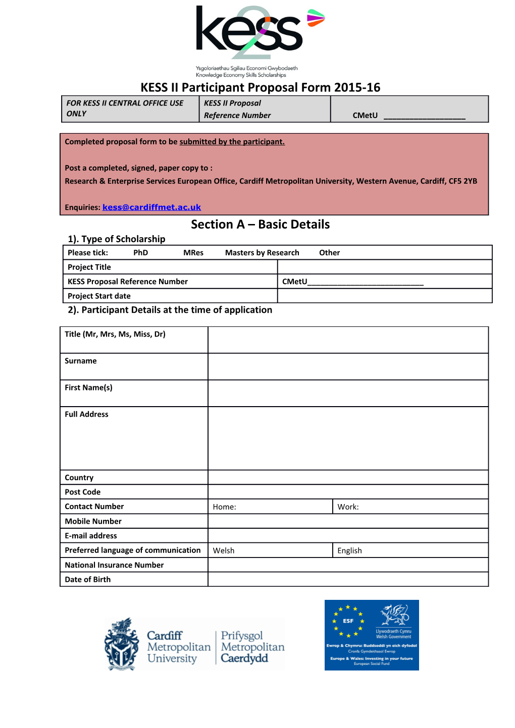 KESS II Participant Proposal Form Cardiff Met