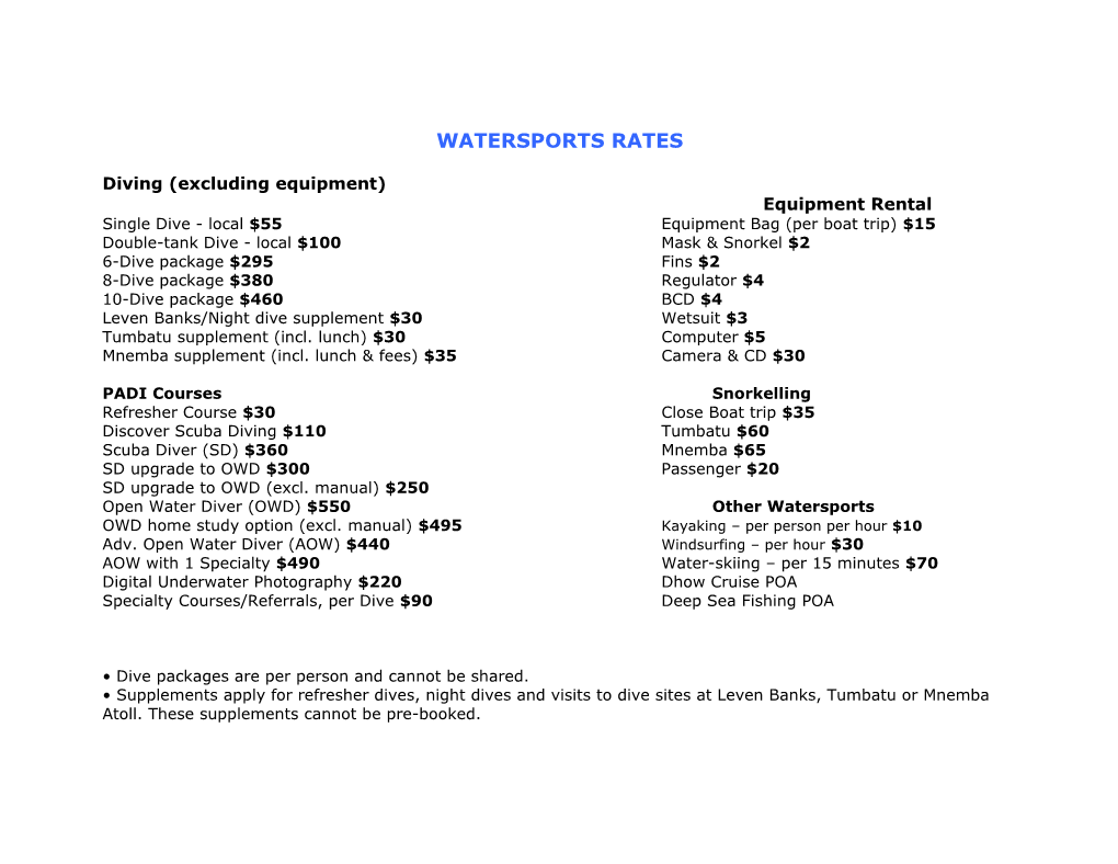 Diving (Excluding Equipment) Equipment Rental