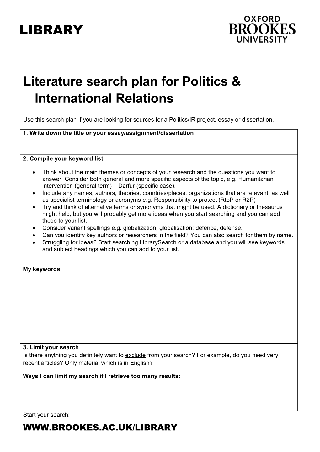 Literature Search Planfor Politics & International Relations