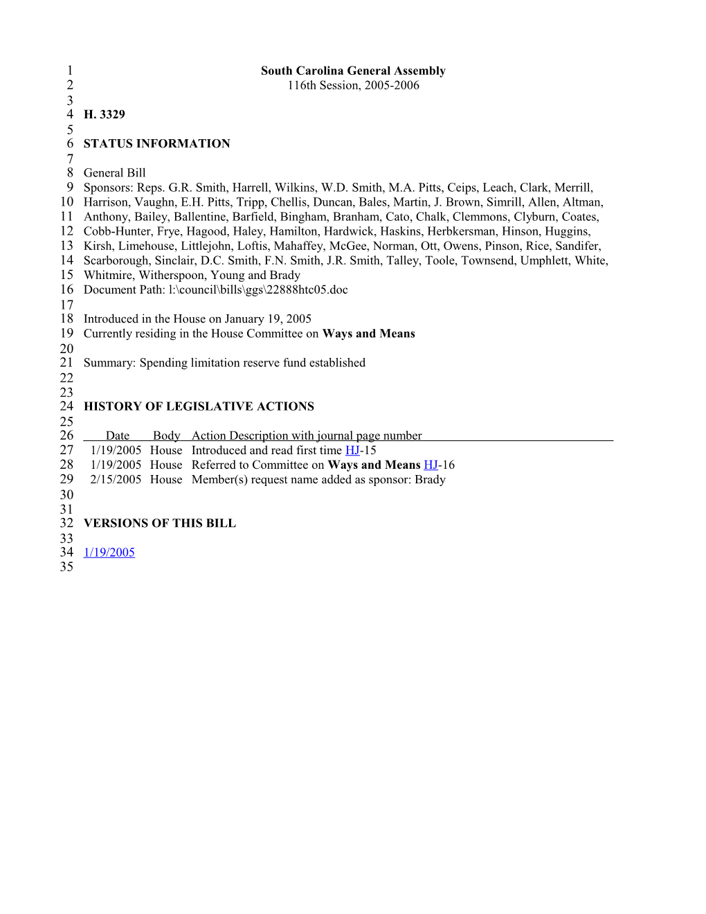 2005-2006 Bill 3329: Spending Limitation Reserve Fund Established - South Carolina Legislature