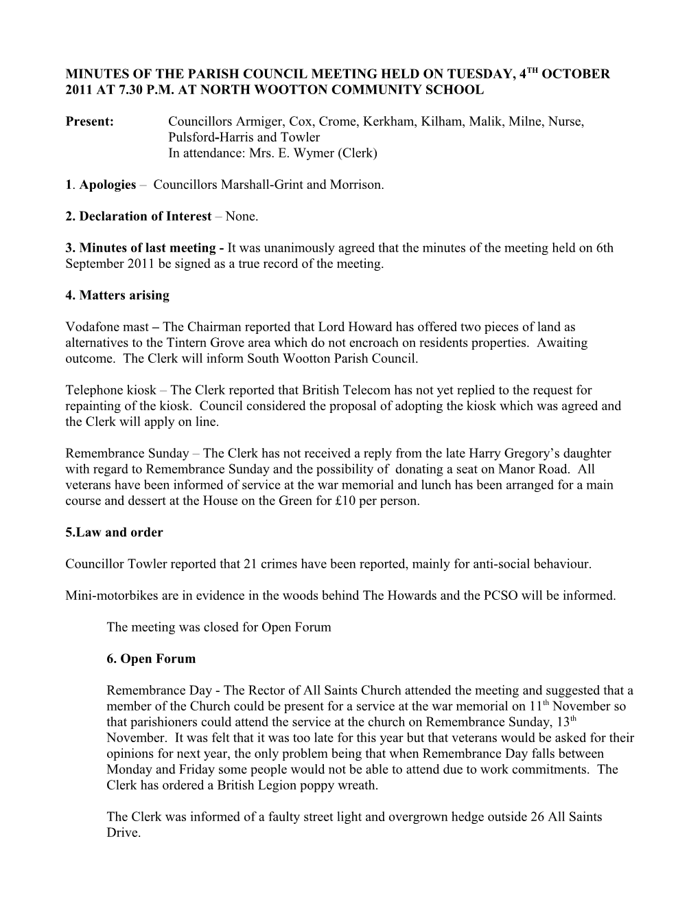 Minutes of the Parish Council Meeting Held on Tuesday, 4Th October