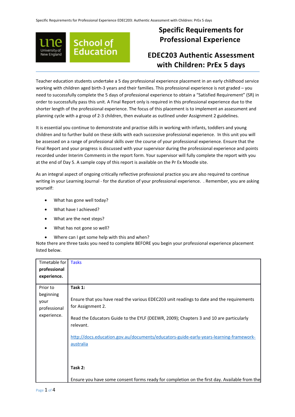 Specific Requirements for Professional Experience EDEC203: Authentic Assessment with Children