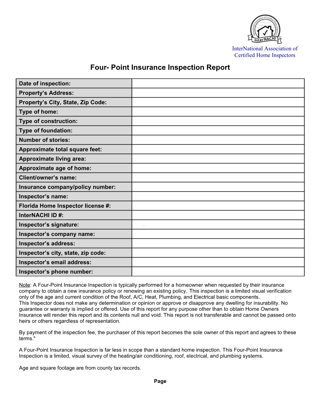 Four- Point Insurance Inspection Report