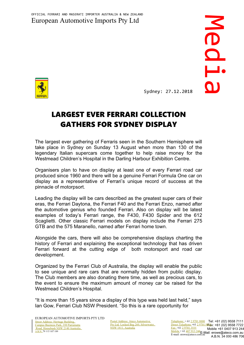Largest Ever Ferrari Collection Gathers for Sydney Display