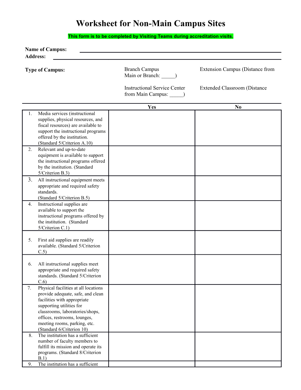Worksheet for Non-Main Campus Sites