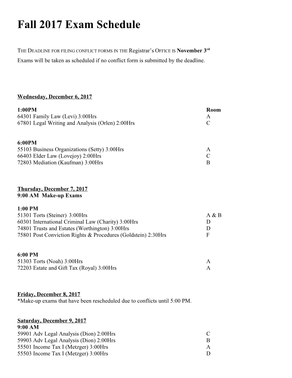 Fall 2017 Exam Schedule