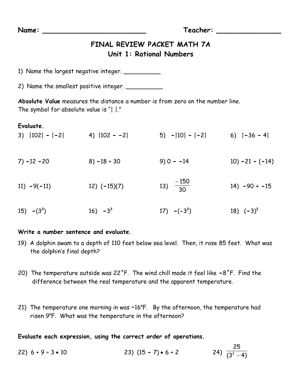 Final Review Packet Math 7A