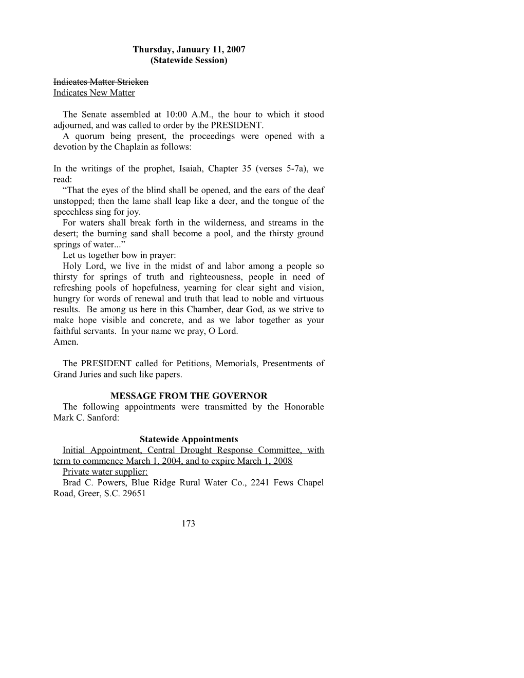 Senate Journal for Jan. 11, 2007 - South Carolina Legislature Online