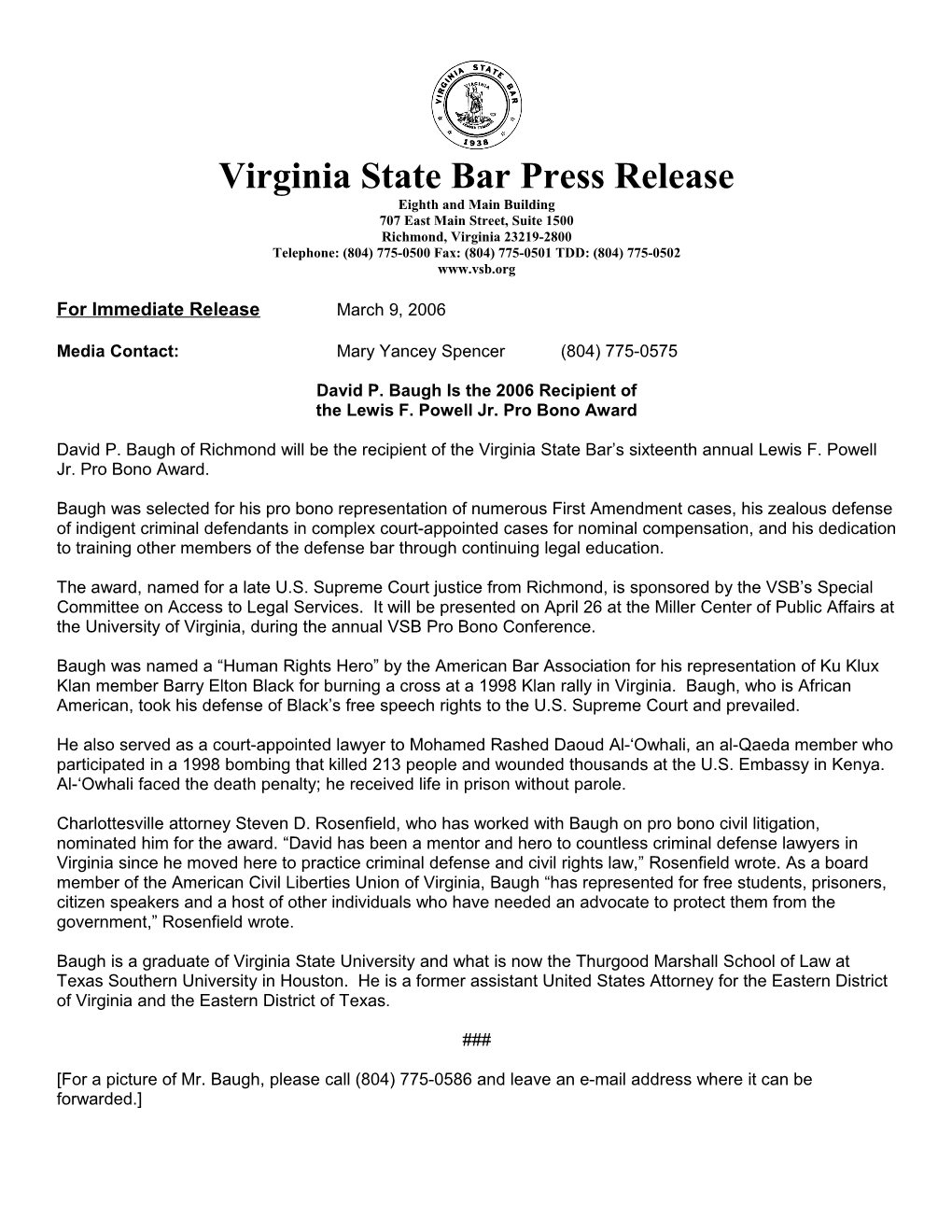 Virginia State Bar Press Release