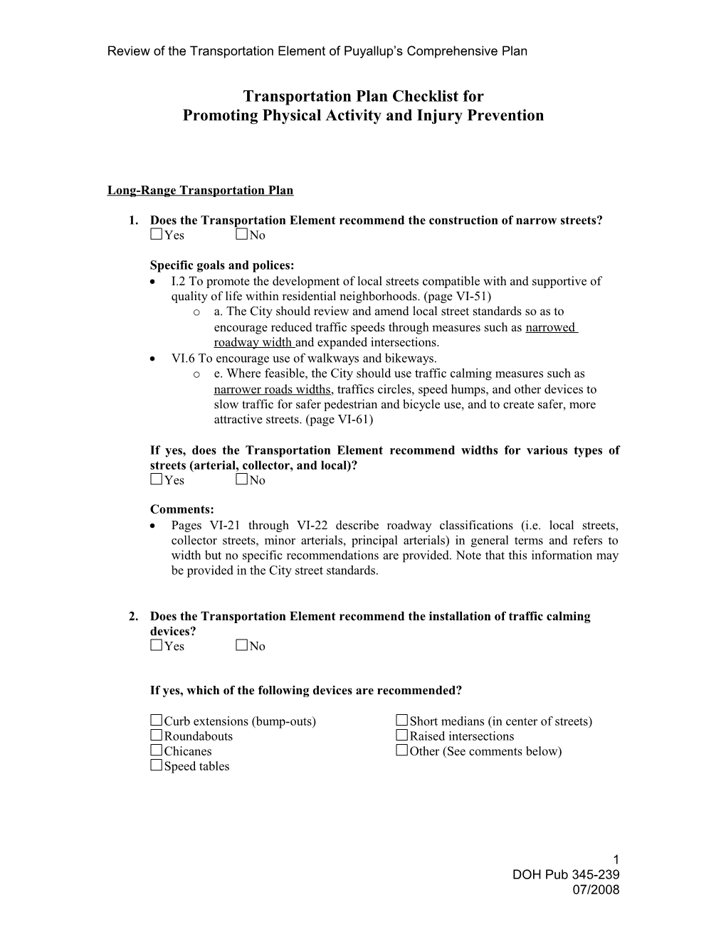 Transportation Plan Checklist Forpromoting Physical Activity and Injury Prevention