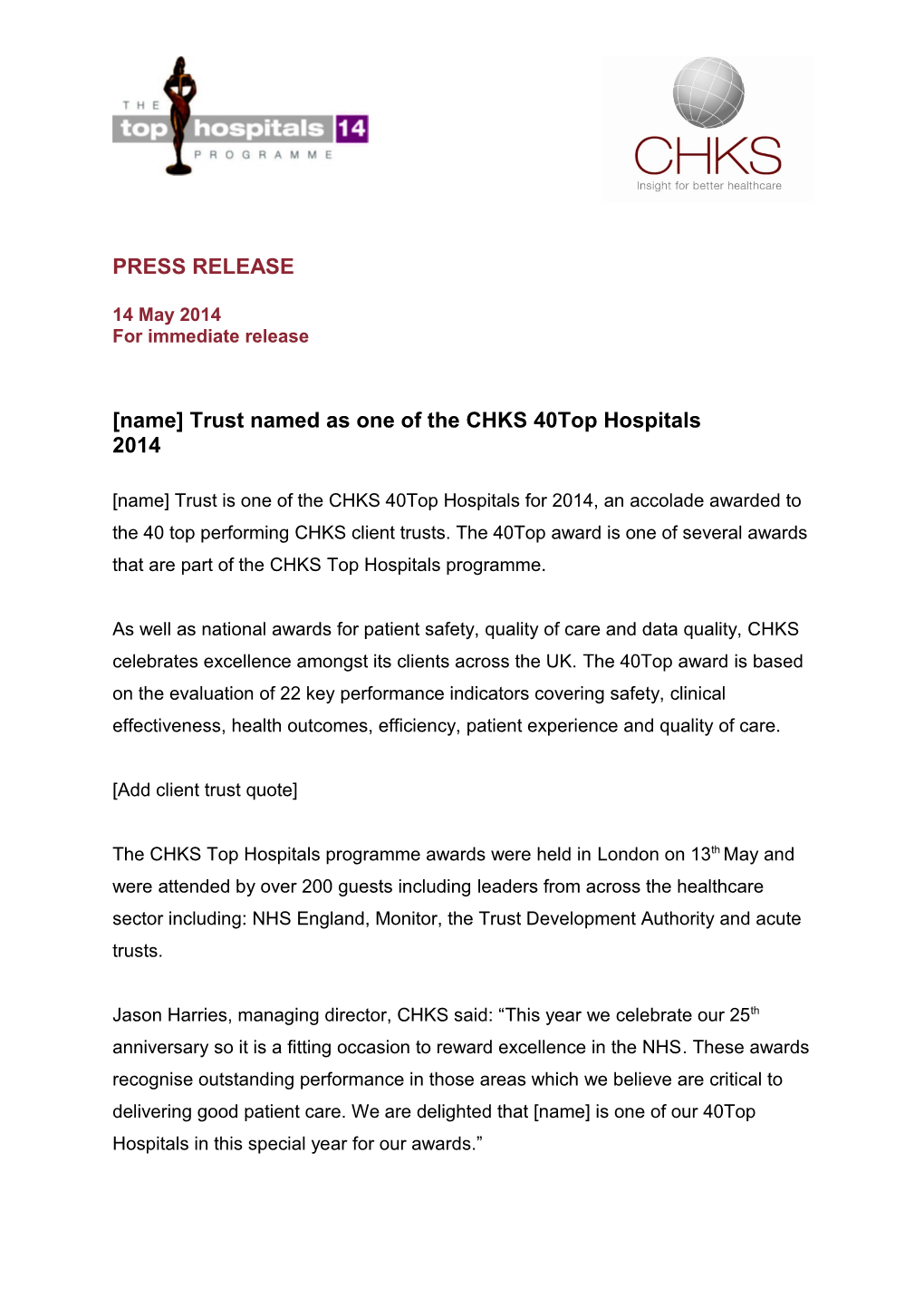Name Trust Named As One of the CHKS 40Top Hospitals 2014