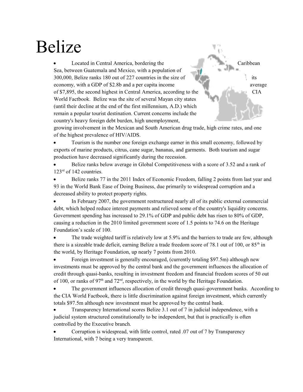 Belize Ranks Below Average in Global Competitiveness with a Score of 3.52 and a Rank Of