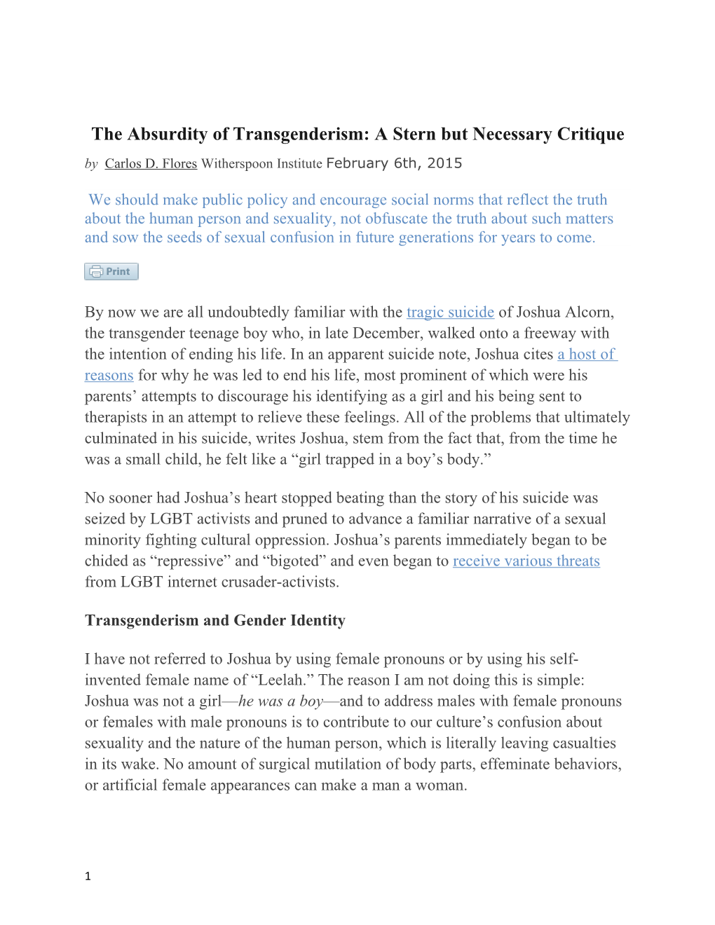 The Absurdity of Transgenderism: a Stern but Necessary Critique