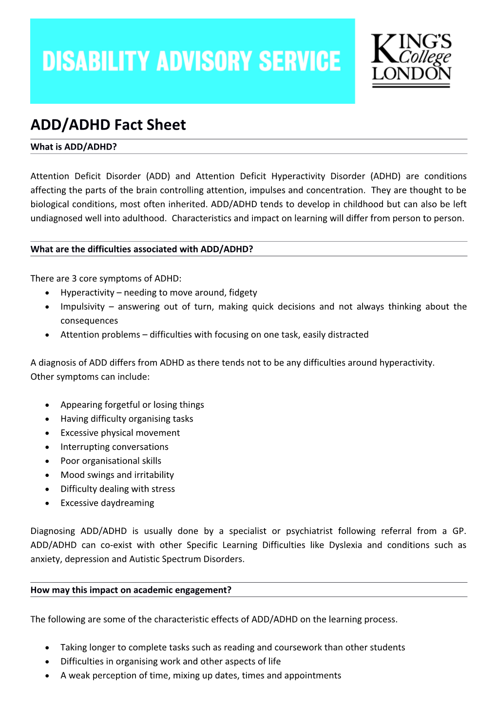 ADD/ADHD Fact Sheet