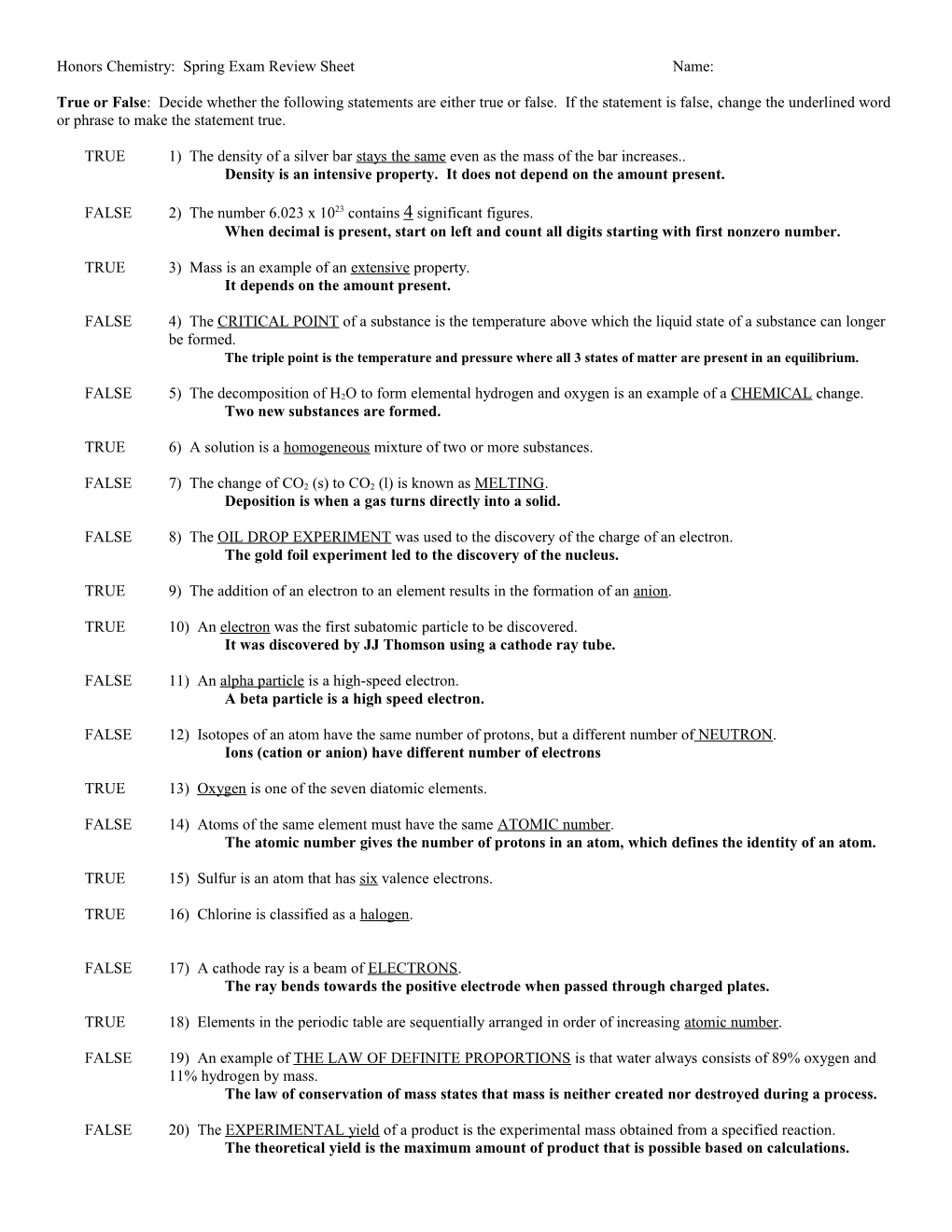 Honors Chemistry: Spring Exam Review Sheet