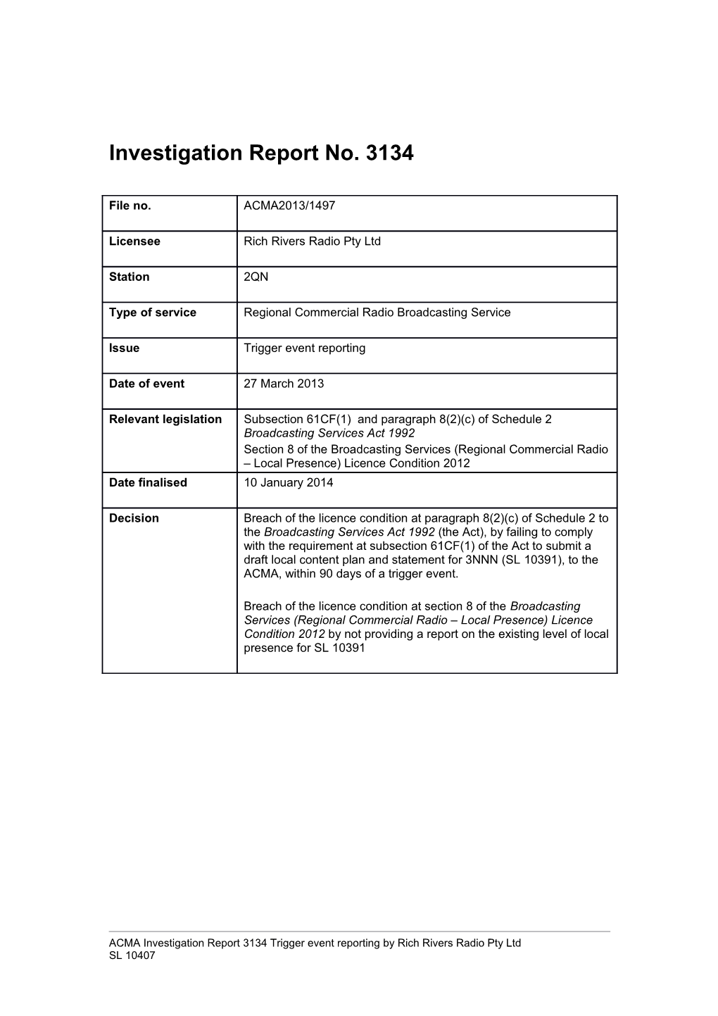 Investigation Report No. 3134