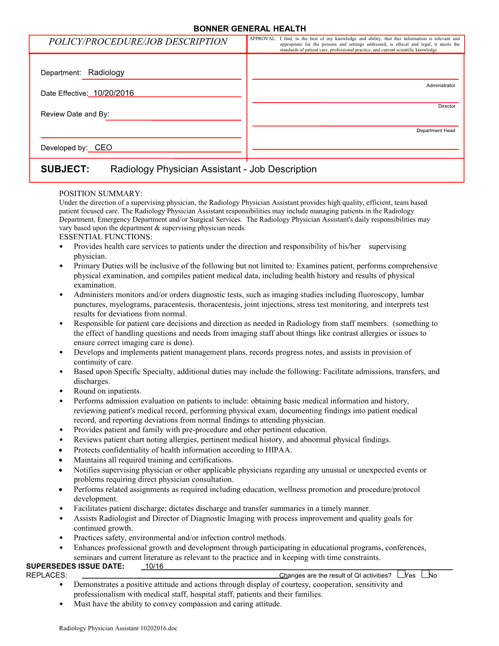 Subject:Radiology Physician Assistant - Job Description