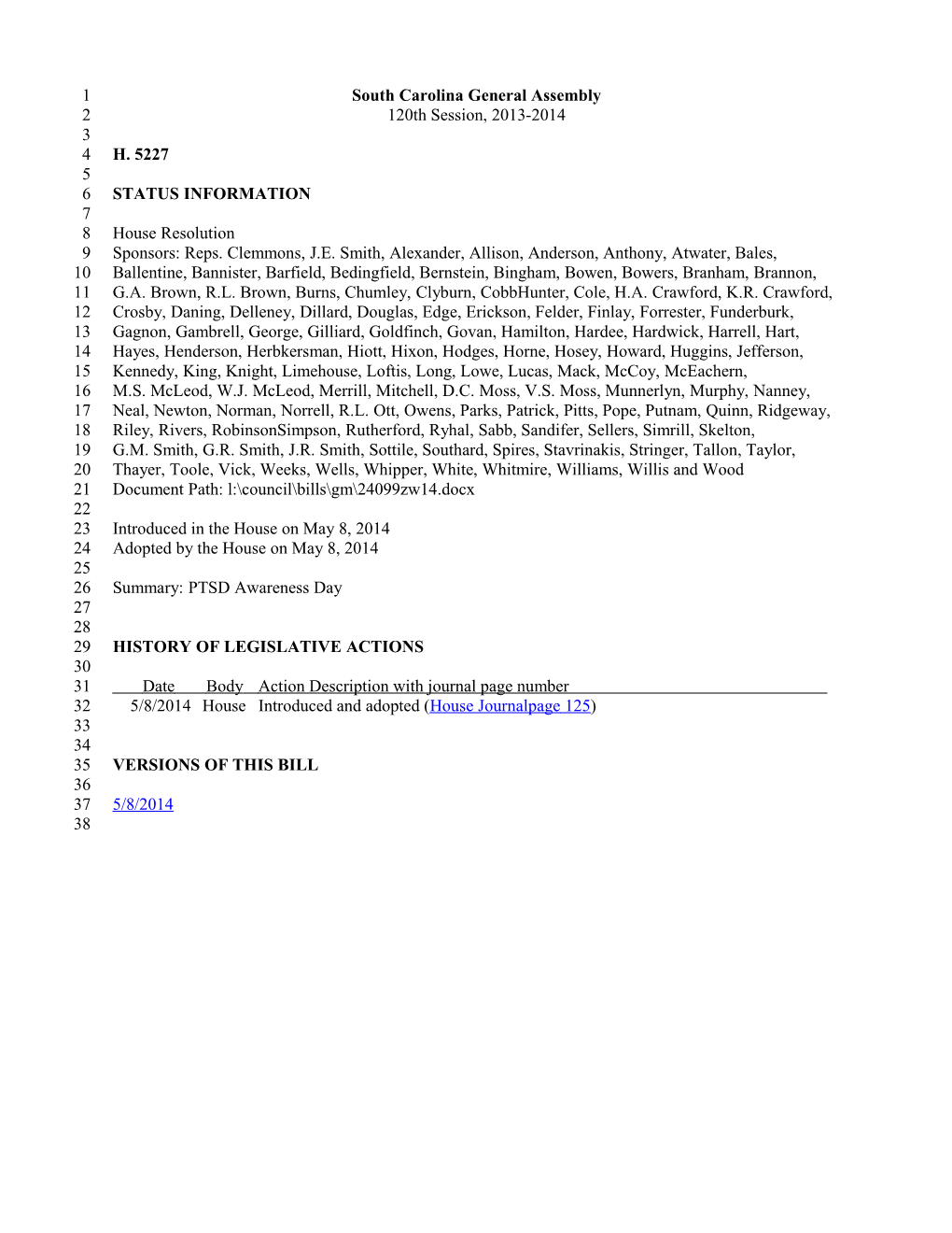 2013-2014 Bill 5227: PTSD Awareness Day - South Carolina Legislature Online