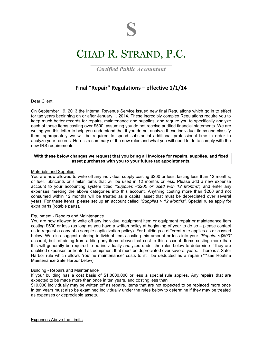 Final Repair Regulations Effective 1/1/14