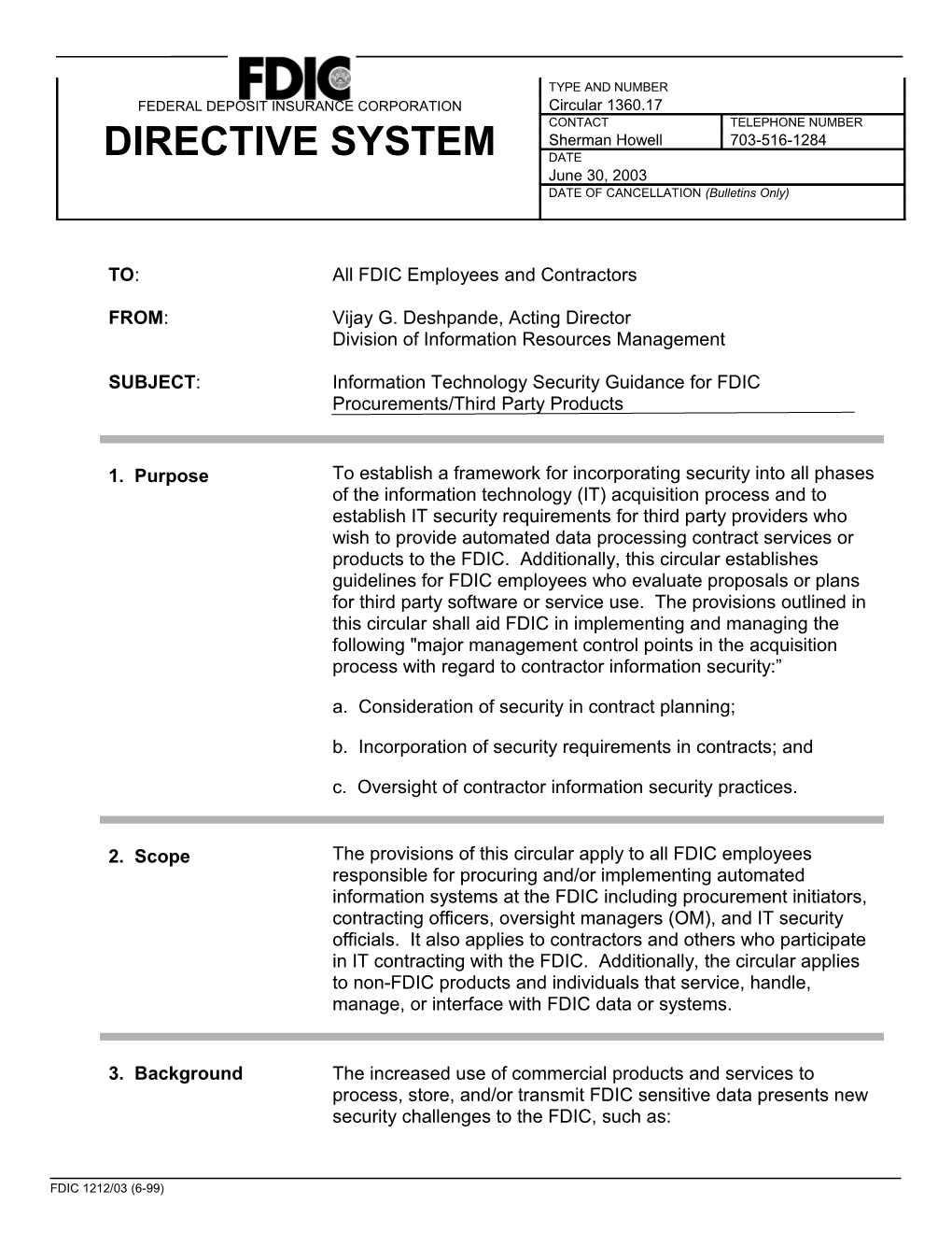 Circular 1360.17, Information Technology Security Guidance for FDIC Procurements/Third
