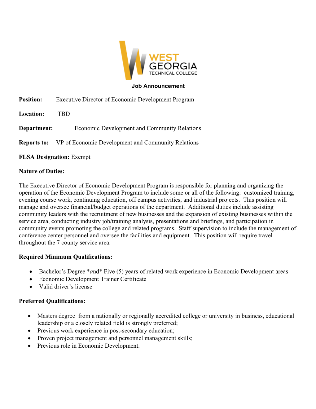 Position: Executive Director Ofeconomic Development Program