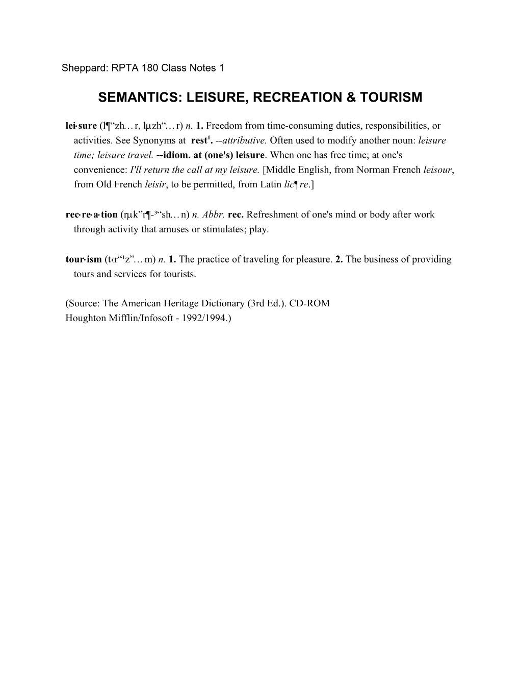 Semantics: Leisure, Recreation & Tourism