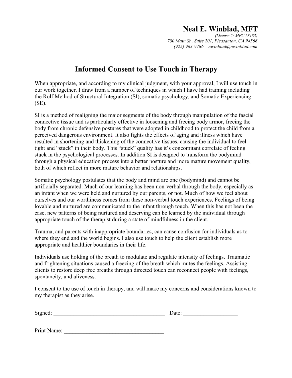 Informed Consent to Use Touch in Therapy
