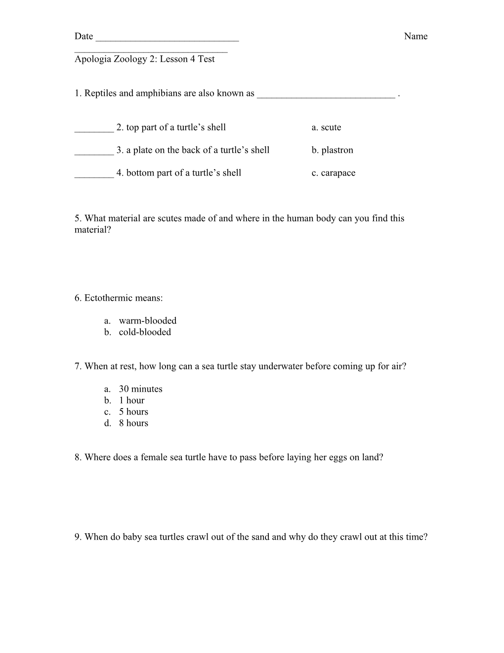 Apologia Zoology 2: Lesson 4 Test