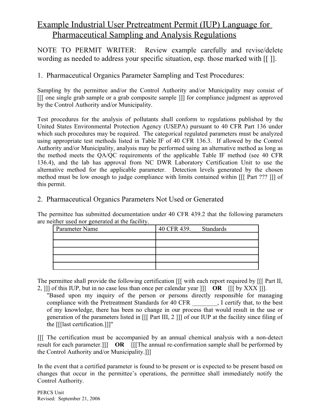 Example Industrial User Pretreatment Permit (IUP) Language for Pharmaceutical Sampling