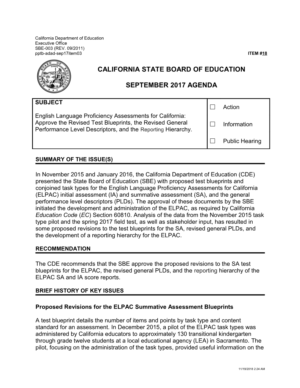 September 2017 Agenda Item 18 - Meeting Agendas (CA State Board of Education)