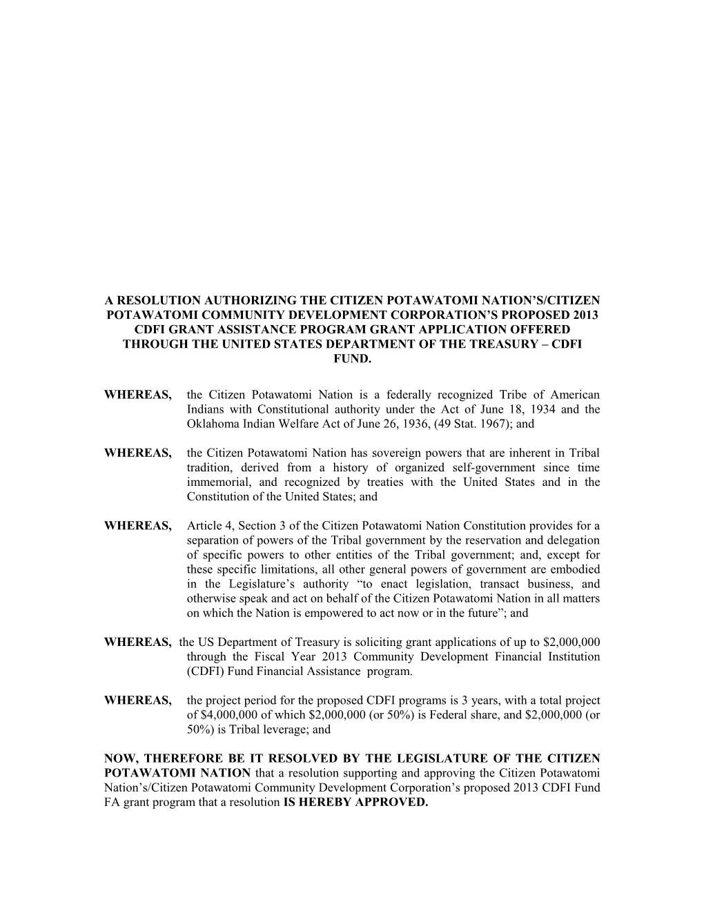 A Resolution Authorizing the Citizen Potawatomi Nation S/Citizen Potawatomi Community
