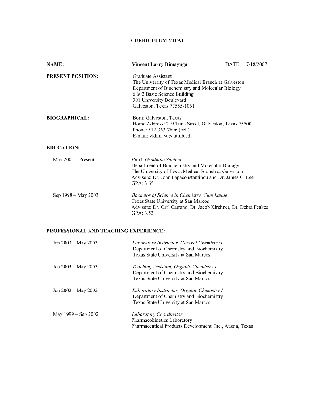 Sample Format for Curriculum Vitae