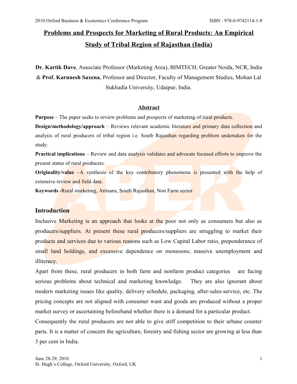 Problems and Prospects for Marketing of Rural Products: an Empirical Study of Tribal Region