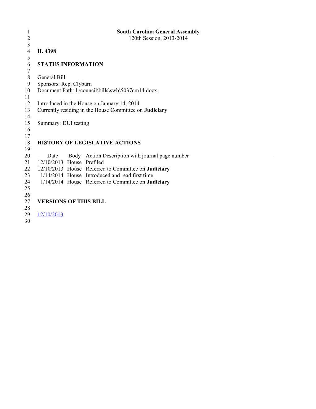 2013-2014 Bill 4398: DUI Testing - South Carolina Legislature Online