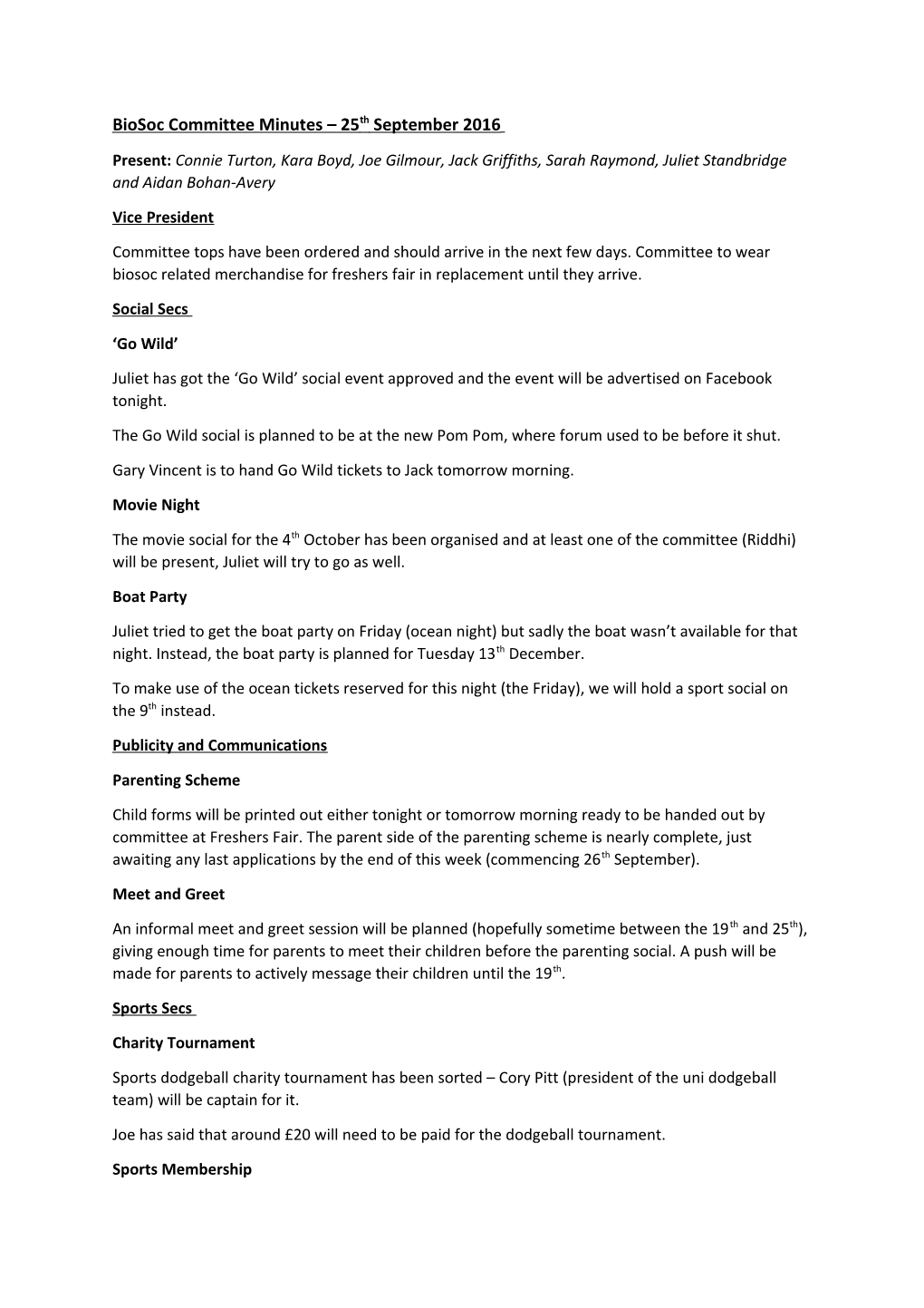 Biosoc Committee Minutes 25Th September 2016