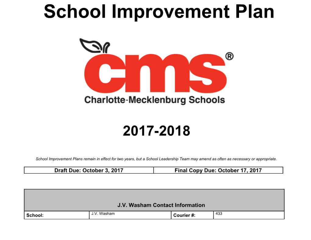 2017-2018 J.V. Washam School Improvement Plan Report