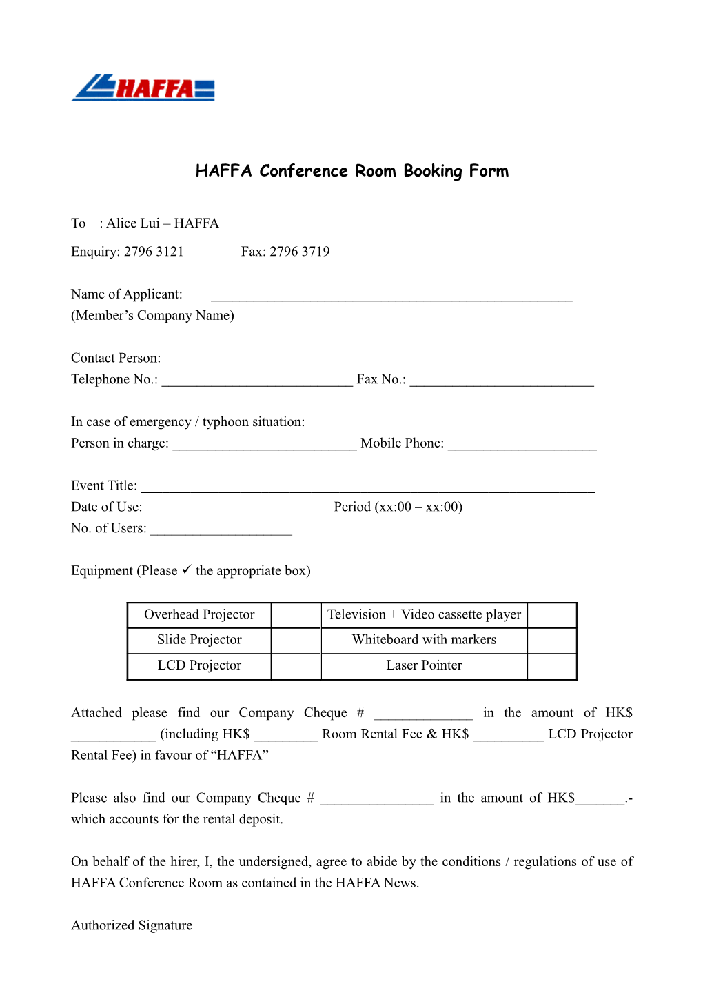 HAFFA Conference Room Booking Form