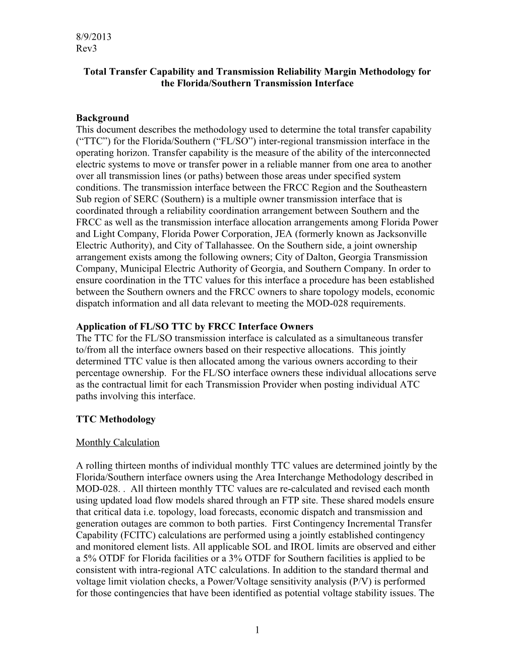 Total Transfer Capability Methodology for the Southern/Florida Transmission Interface In