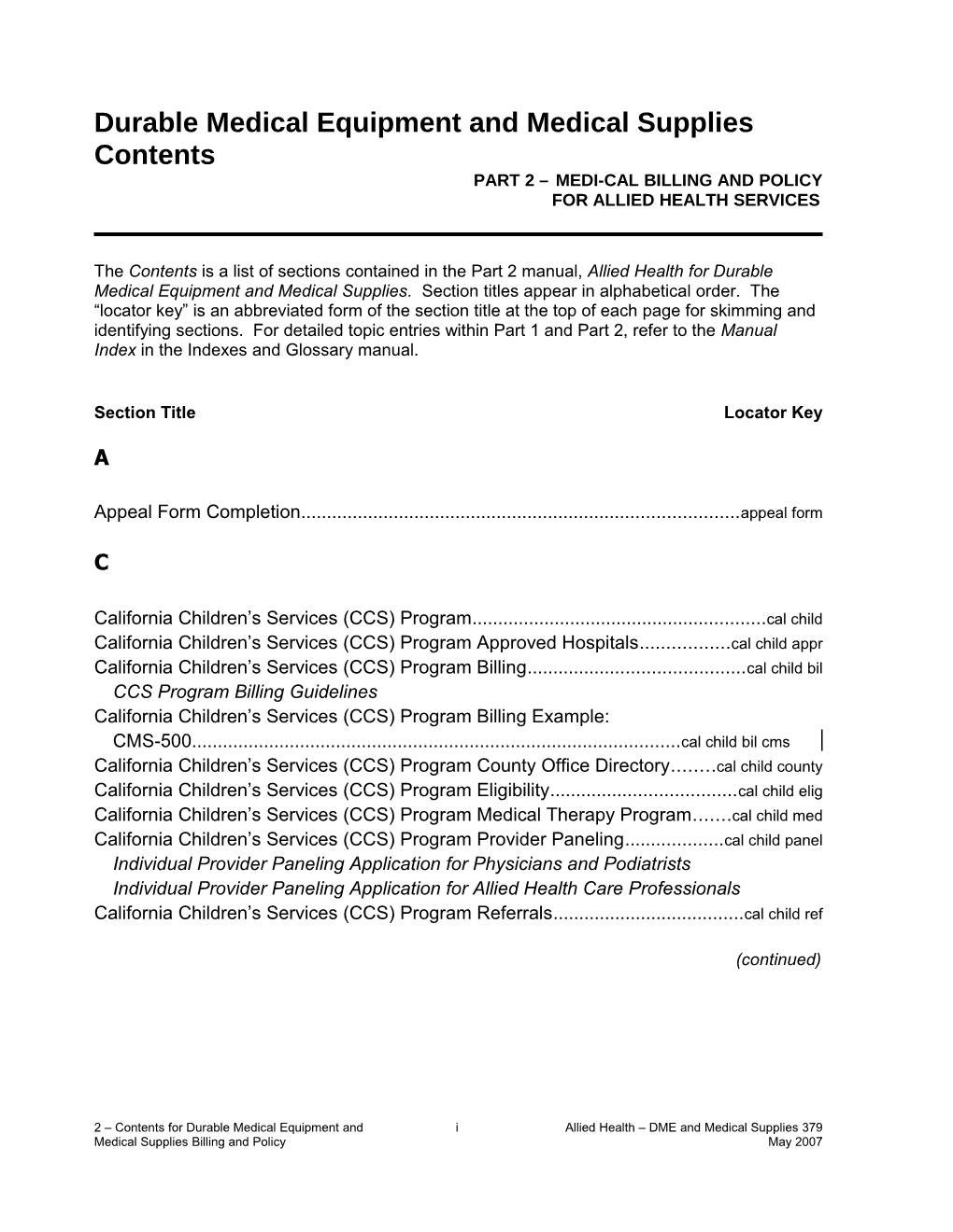 Contents (Part 2 Medi-Cal Billing and Policy): Durable Medical Equipment and Medical Supplies